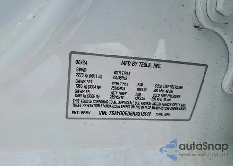 2024 Tesla Model Y from USA, damaged, VIN 7SAYGDED6RA318642